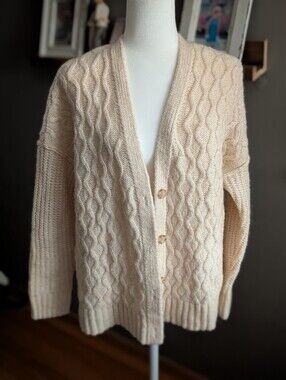 American Eagle Cream Cable Knit Oversized Cardigan Sweater Small Wool Blend
